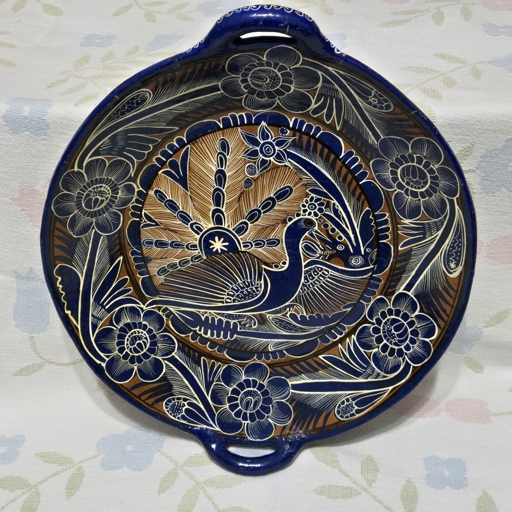 Handmade Mexican Talavera Bird Blue White Handled Redware Platter 13.25"
